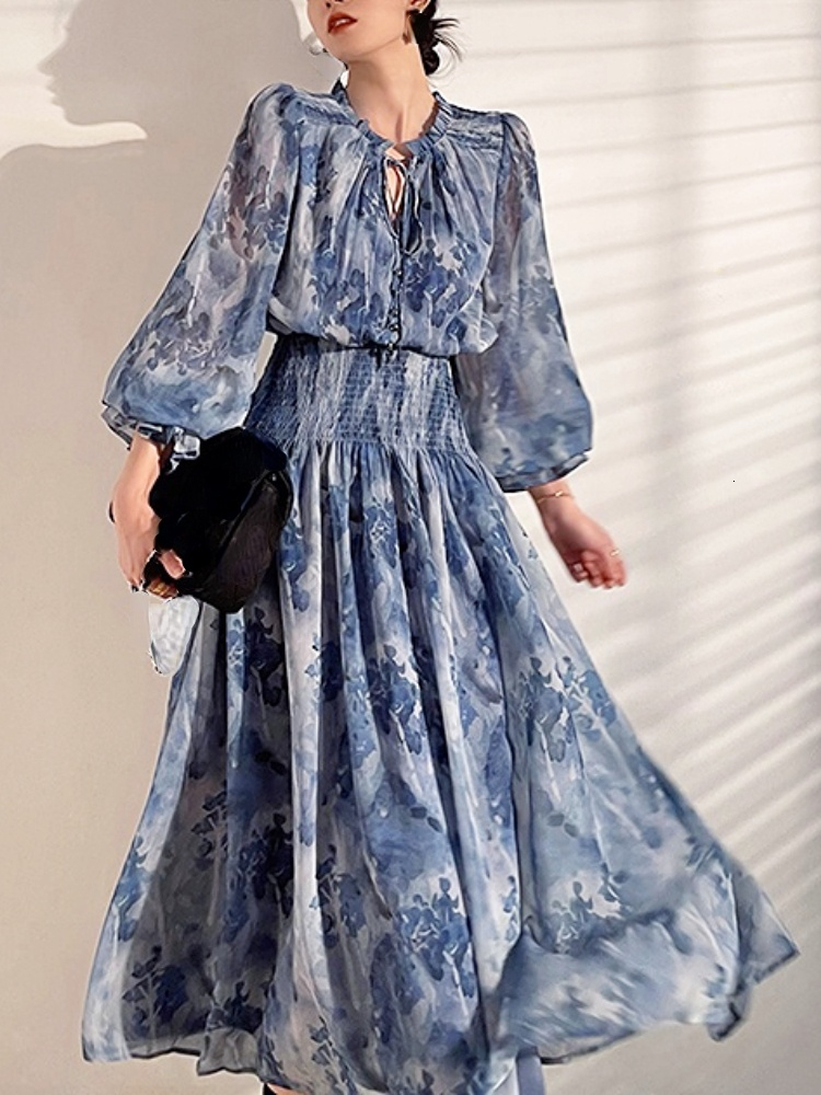 Basic Casual Dresses French Vintage Long Sleeve Fairy Dress Women Slim Fashion Floral Midi Dress Beach Casual Korean Style Dresses Female Summer