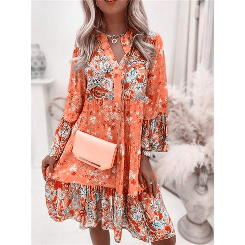 Basic Casual Dresses Women Floral Print Dress Oversize Elegant Pleated Long Sleeve Casual Dresses Female V Neck Loose Bohemian Beach Holiday Dresses 2