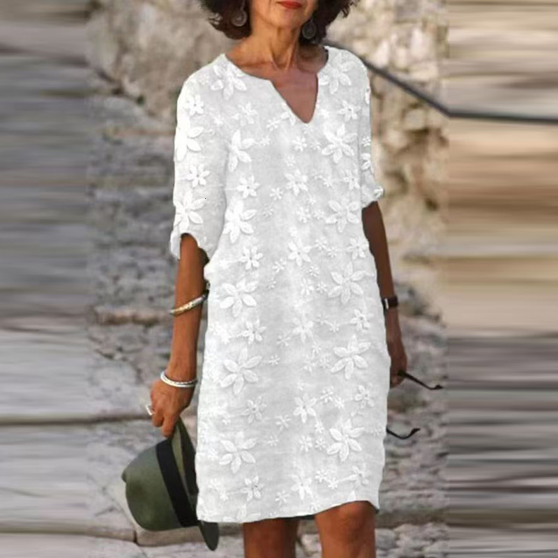 Basic Spring Stand-Up Collar Button Cotton Dresses Women Casual Linen Solid Color Mid-Sleeve Retro Summer Lady Office Mini Dress 230531