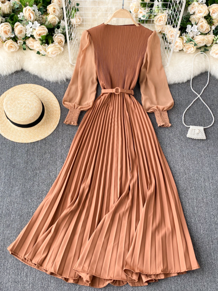 Basic Casual Dresses Women Elegant Maxi Dress Spring Summer Patchwork Puff Long Sleeve Pleated Muslim Long Dresses Ladies Party Dress 230531