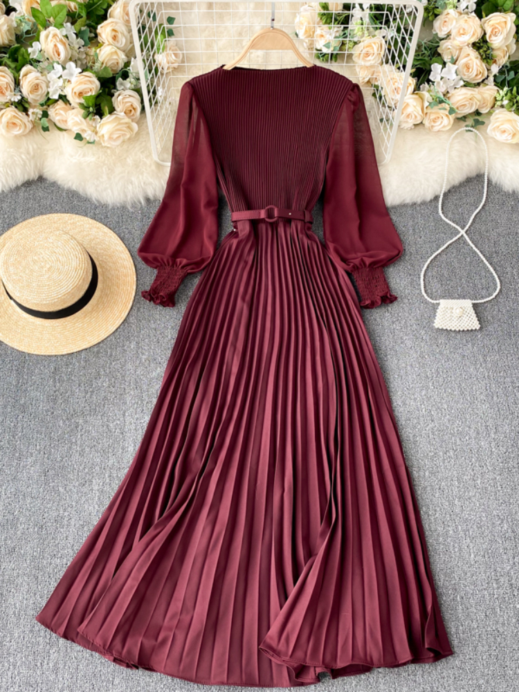 Basic Casual Dresses Women Elegant Maxi Dress Spring Summer Patchwork Puff Long Sleeve Pleated Muslim Long Dresses Ladies Party Dress 230531