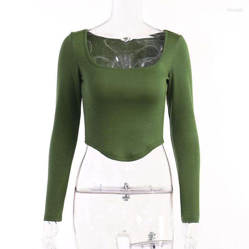 Womens T Shirts Y2K Autumn Crop Top Women Sexy Winter T-shirt Long Sleeve Casual Tee Shirt Femme Solid V-Neck Clothes Green Cotton