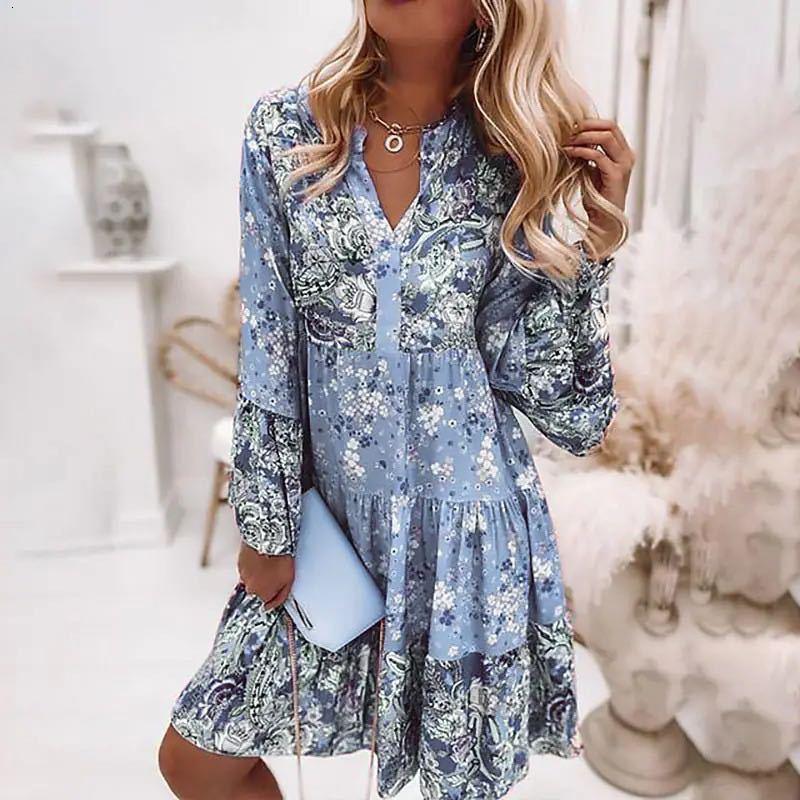 Basic Casual Dresses Women Floral Print Dress Oversize Elegant Pleated Long Sleeve Casual Dresses Female V Neck Loose Bohemian Beach Holiday Dresses 2