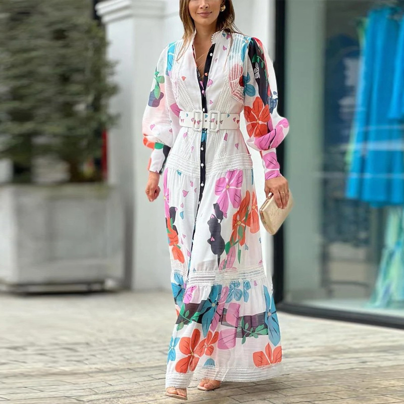 Basic Casual Dresses Casual Commute Maxi Dresses Fashion Lace Ruched Stitching Print Women Dress Ladies High Street Stand Collar Long Shirt Dress 2305