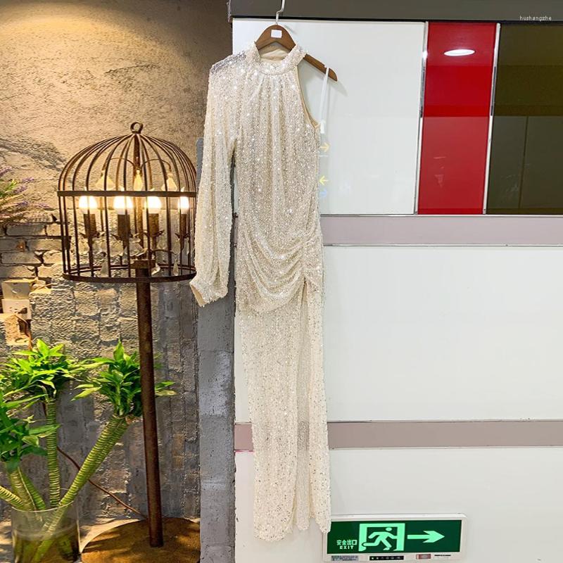 Casual Dresses Ailigou Autumn Sexy Long-Sleeved One-Shoulder Long Dress Elegant Luxury Beaded Sequin Ladies Silver Party Tight