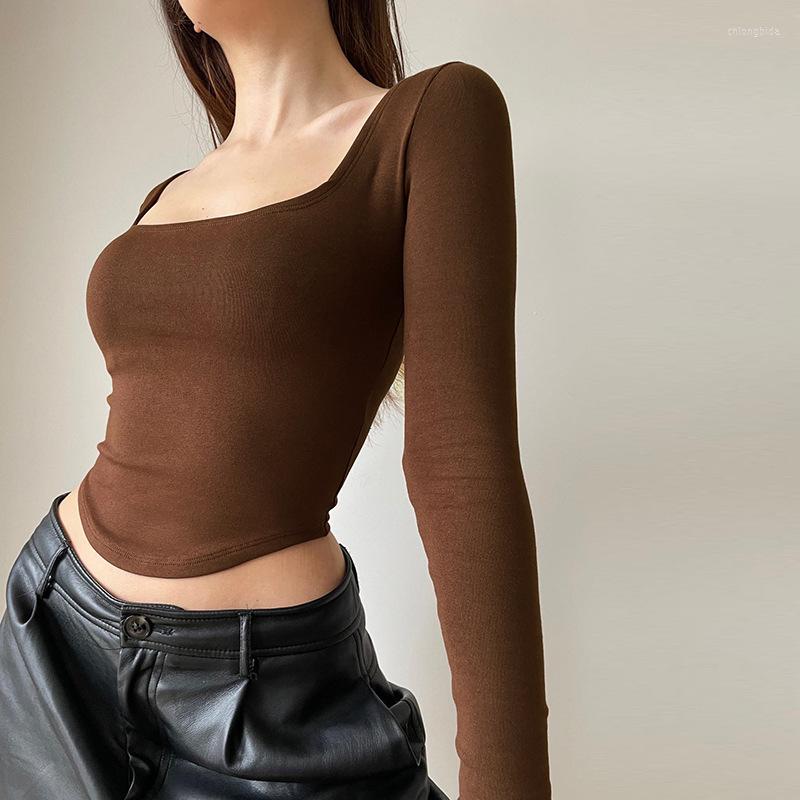Womens T Shirts Y2K Autumn Crop Top Women Sexy Winter T-shirt Long Sleeve Casual Tee Shirt Femme Solid V-Neck Clothes Green Cotton