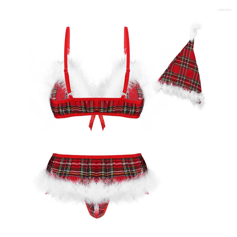 Bras Sets Ladies Schoolgirl Plaid Christmas Lingerie Set Adjustable Strap Feather Trimming Bra Tops With G-string Hat For Honeymoon Night, Red
Bras Sets Ladies Schoolgirl Plaid Christmas Lingerie Set Adjustable Strap Feather Trimming Bra Tops With G-string Hat For Honeymoon Night, Red