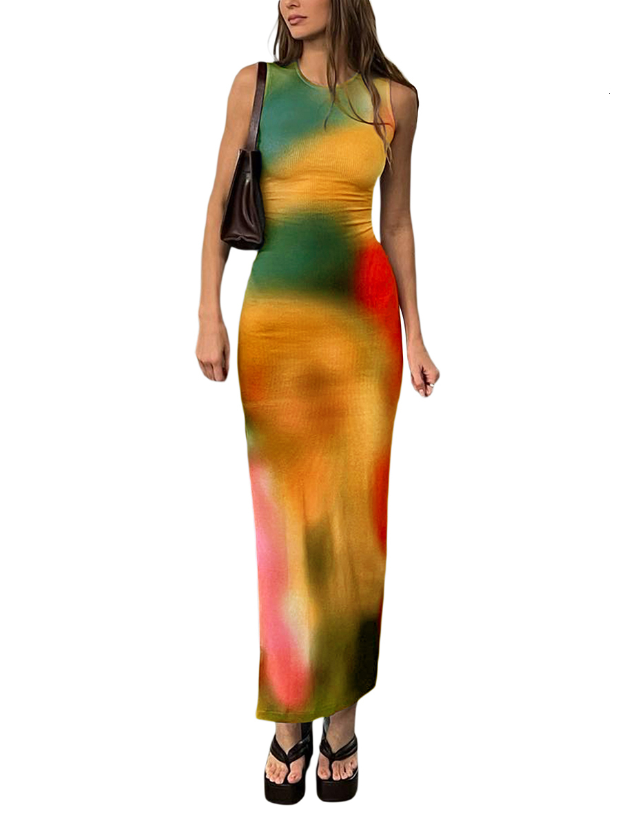 Basic Casual Dresses Sleeveless Backless Maxi Dress Women Summer Bodycon Elegant Sexy Tie Dye Outfits Ladies Birthday Party Club Sundress 230531