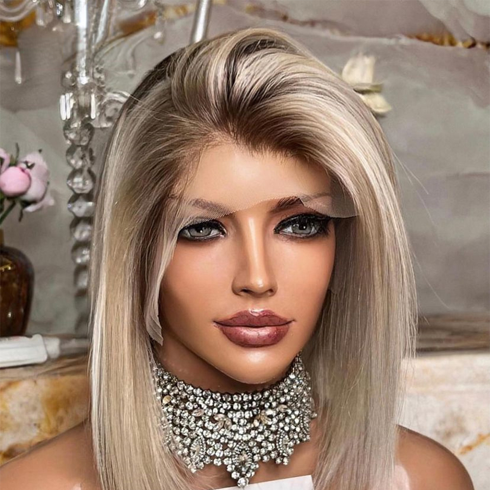 Peruvian Hair Ash Blonde Bob Lace Front Wigs For Women 180density Full Short Bob Lace Frontal Wig Ombre Synthetic Closure Wig