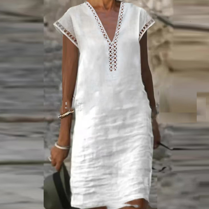 Basic Spring Stand-Up Collar Button Cotton Dresses Women Casual Linen Solid Color Mid-Sleeve Retro Summer Lady Office Mini Dress 230531