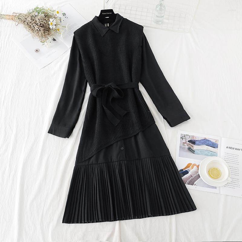 Casual Dresses Autumn Winter Womens Elegant Clothing Set Lady Long Vest Knitted Sweater Pleated Dress Suit Vestidos