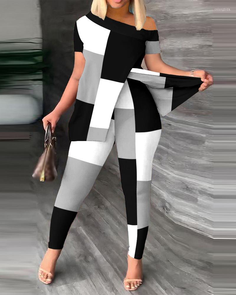 Women's Two Piece Pants Summer Women Geometric Print Split Hem Top & Set 2023 Femme Short Sleeve Casual Suits Lady Outfits Y2k S-3XL