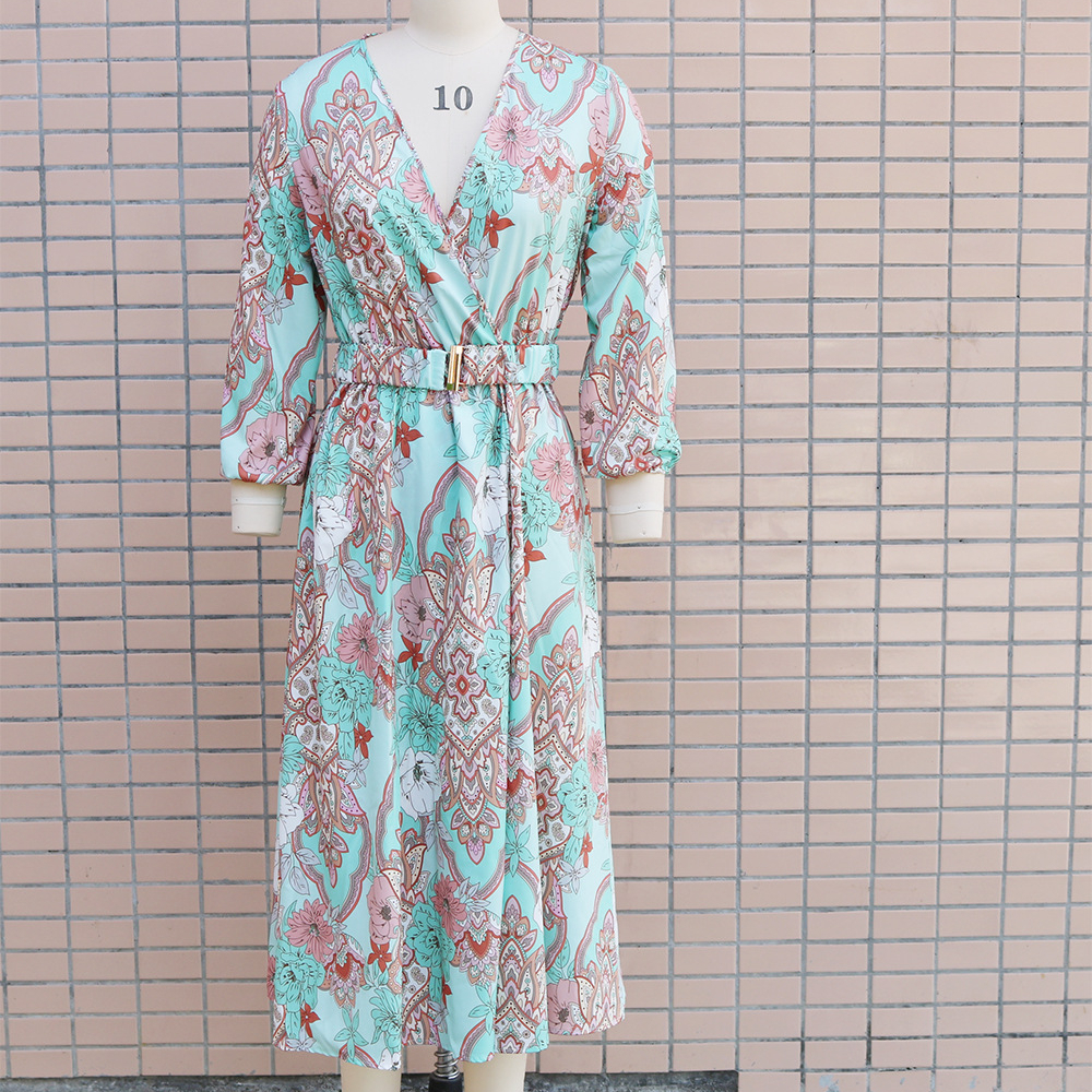 Basic Casual Dresses Boho Floral Print Long Dress Women Sexy Deep V-Neck Long Sleeve High Split Swing Dress with Belt Elegant Beach Dresses Vestidos 2