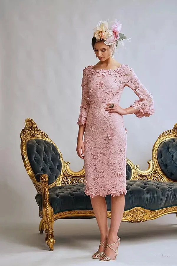 Tea-length Pink Mother of the Bride Dresses with Long Sleeve Lace Floral Slim God Mother Occasion Guest Gown