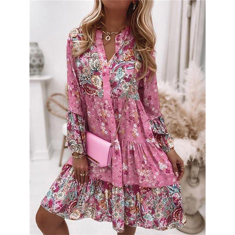 Basic Casual Dresses Women Floral Print Dress Oversize Elegant Pleated Long Sleeve Casual Dresses Female V Neck Loose Bohemian Beach Holiday Dresses 2
