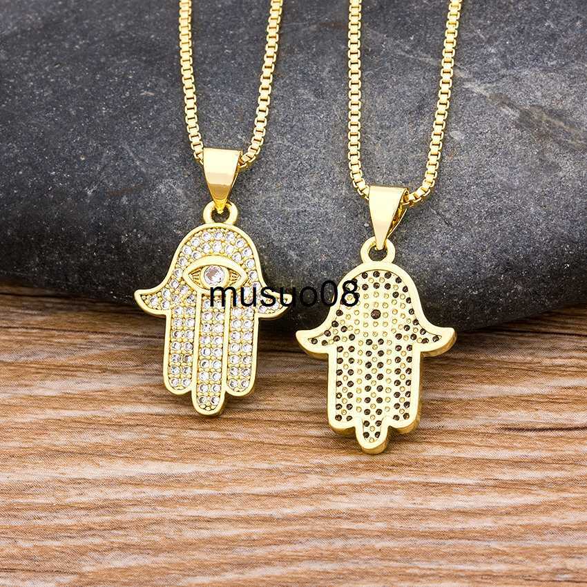Pendant Necklaces Hot Sale Women Men Hamsa Hand Necklace Gold Color Copper Zircon Evil Eye Pendant Chain Hip Hop Turkish Luck Jewelry J230601