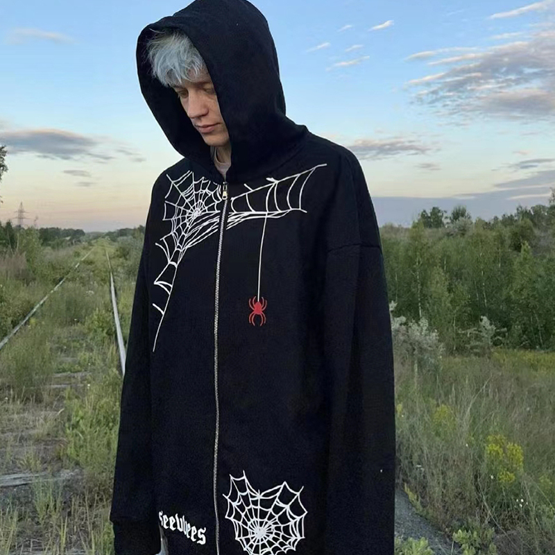 Men's Hoodies Sweatshirts Spider Web Skeleton Embellishment Hoodies Men/women Top Y2k Jackets Grunge American Fashion Zip Up Hoodie Sweatshirts 2