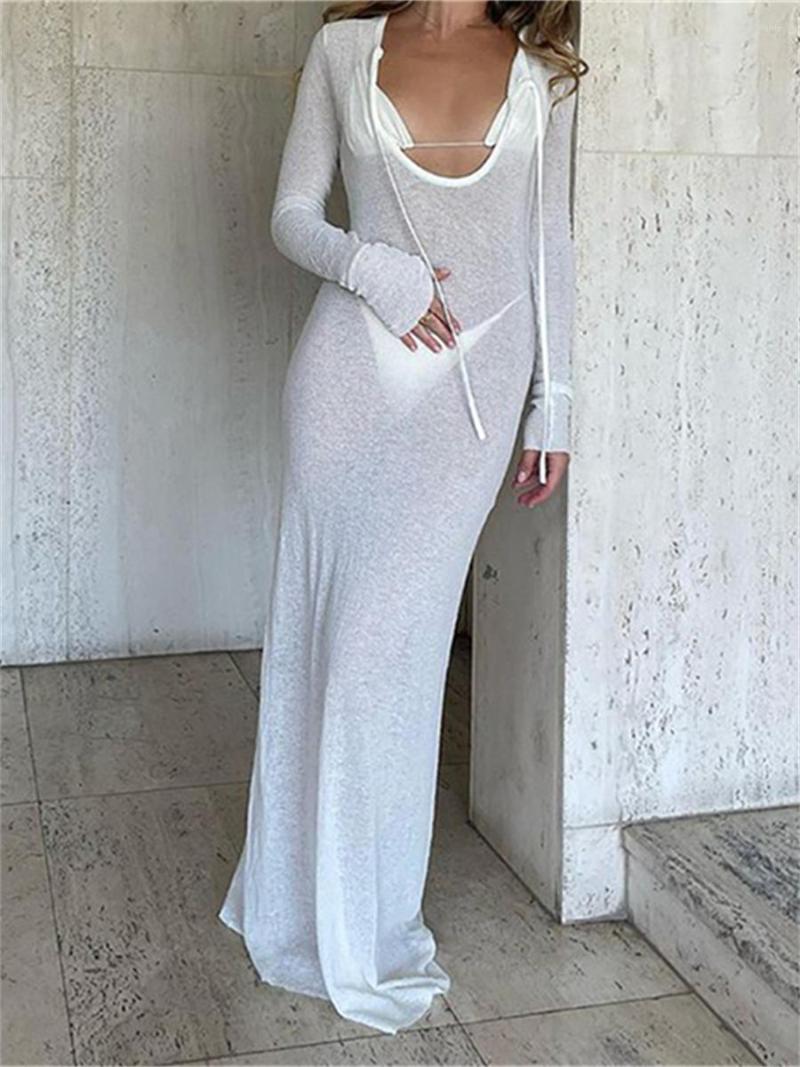 Casual Dresses Wsevypo See-Through Sheer Cover-ups Long Dress 2023 Summer Women Sleeve Low Cut O Neck Lace-up Beach Streetwear