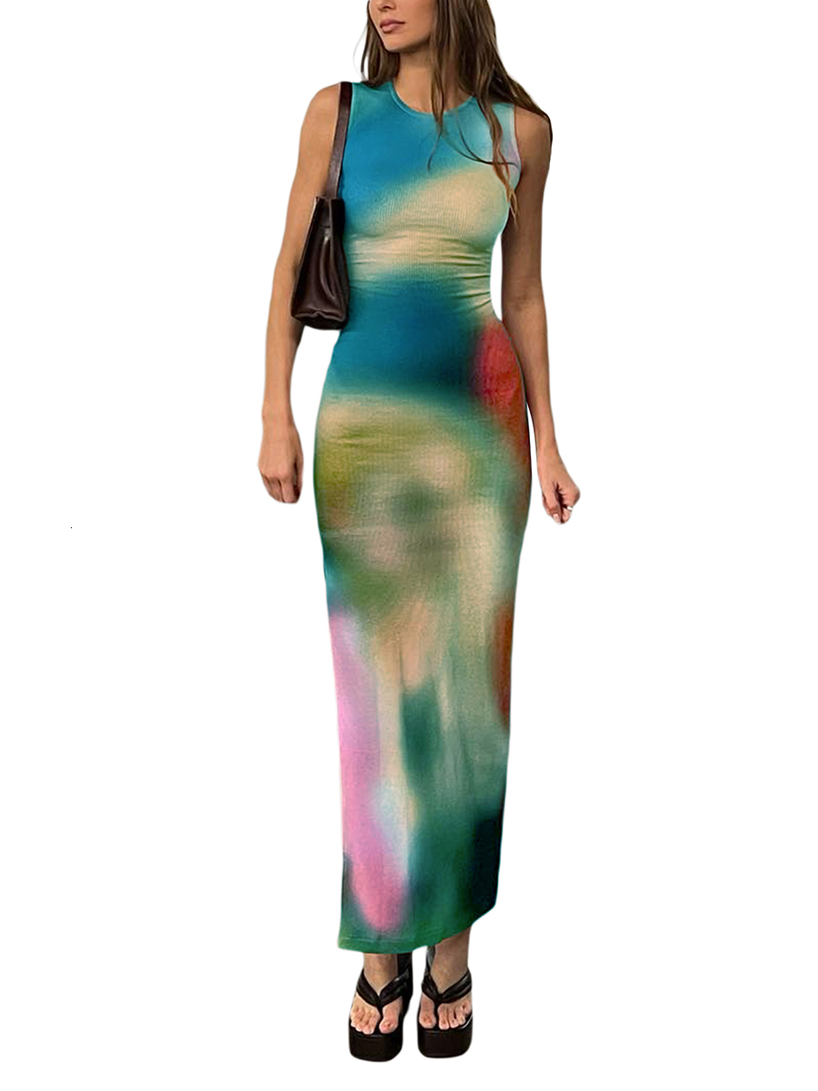 Basic Casual Dresses Sleeveless Backless Maxi Dress Women Summer Bodycon Elegant Sexy Tie Dye Outfits Ladies Birthday Party Club Sundress 230531