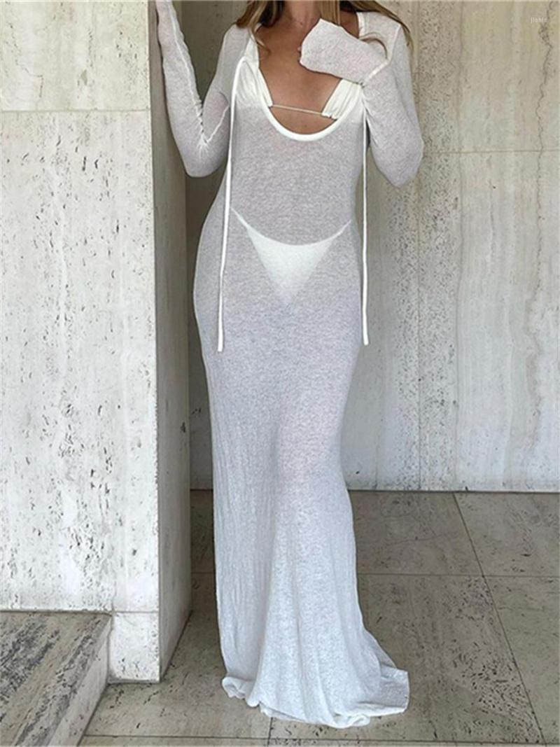 Casual Dresses Wsevypo See-Through Sheer Cover-ups Long Dress 2023 Summer Women Sleeve Low Cut O Neck Lace-up Beach Streetwear