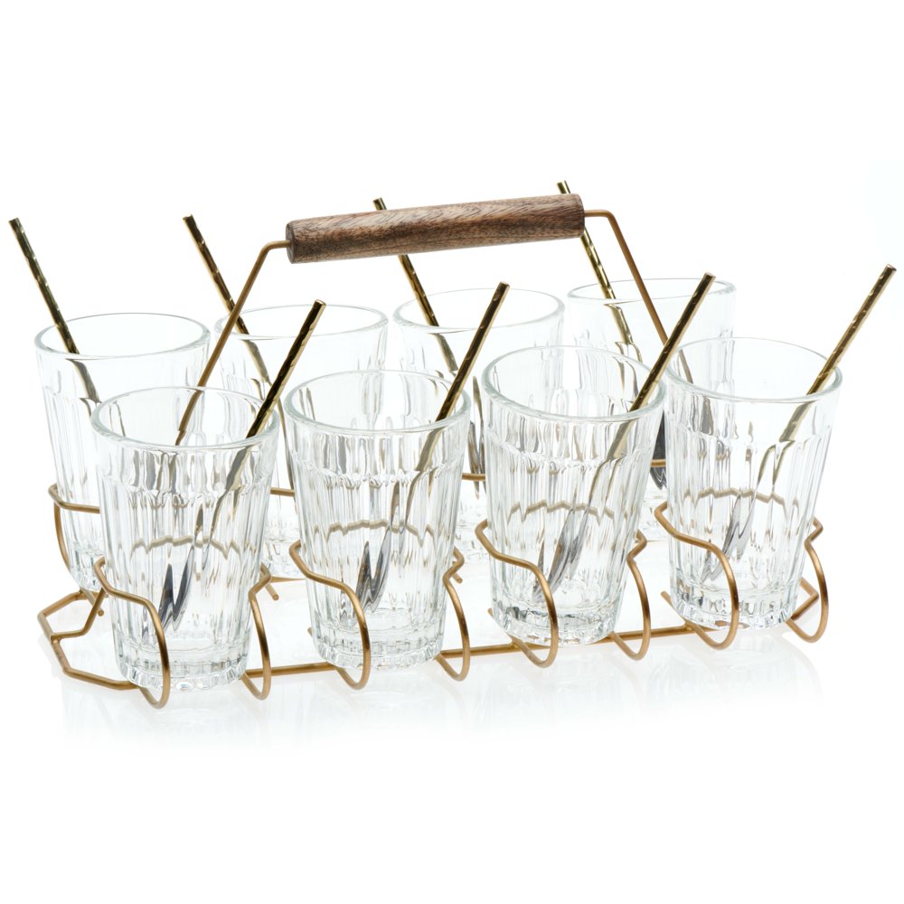 Glass and Metal Entertaining Set with 8 Glasses, Caddy and Individual Serving Spoons