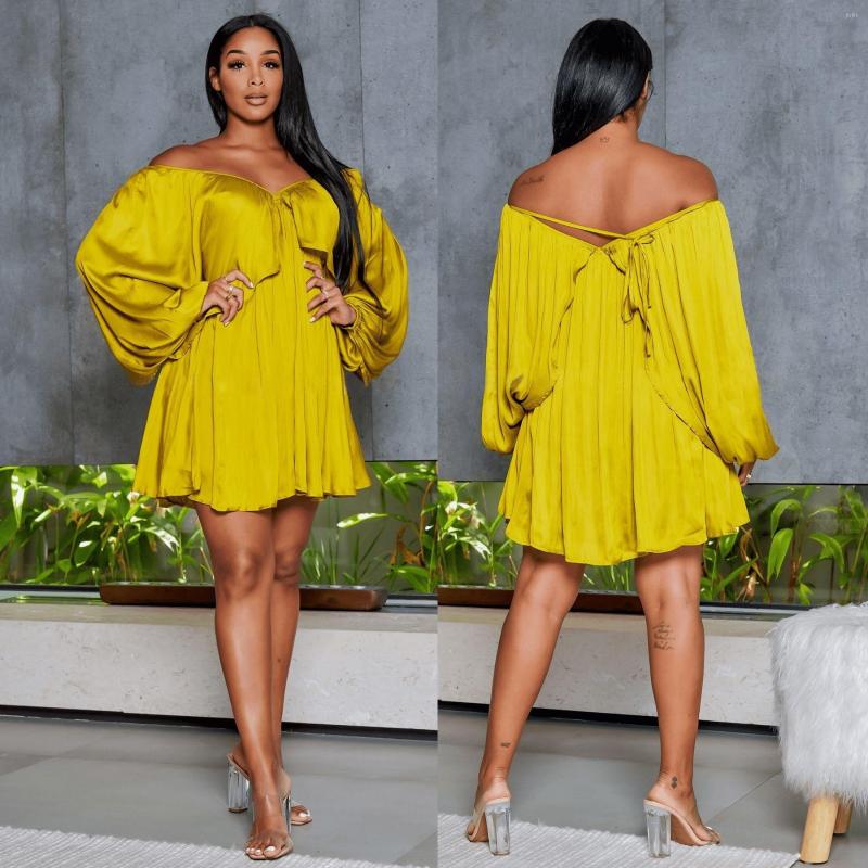 Casual Dresses Satin Mini Dress Solid Color Yellow Sexy Off-shoulder Elegant Short Fashion Lace-up Backless Women Beach Wear Summer