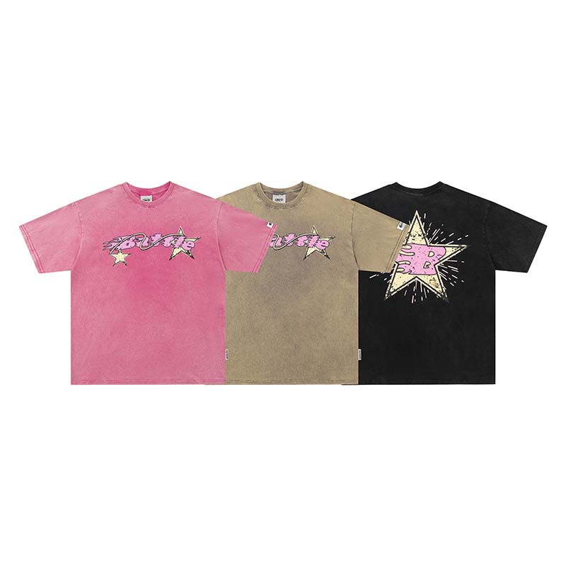 Causal Streetwear Vintage Round Neck T-shirts Unisex Fashion Star Print Loose Short Sleeve