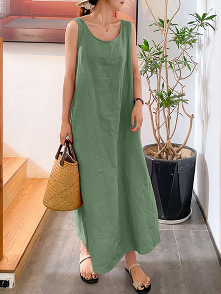 Basic Casual Dresses Summer Long Version Sling Cotton Linen Simple Loose Pocket Round Neck Temperament Sleeveless Dress Women Dress for Women 230531