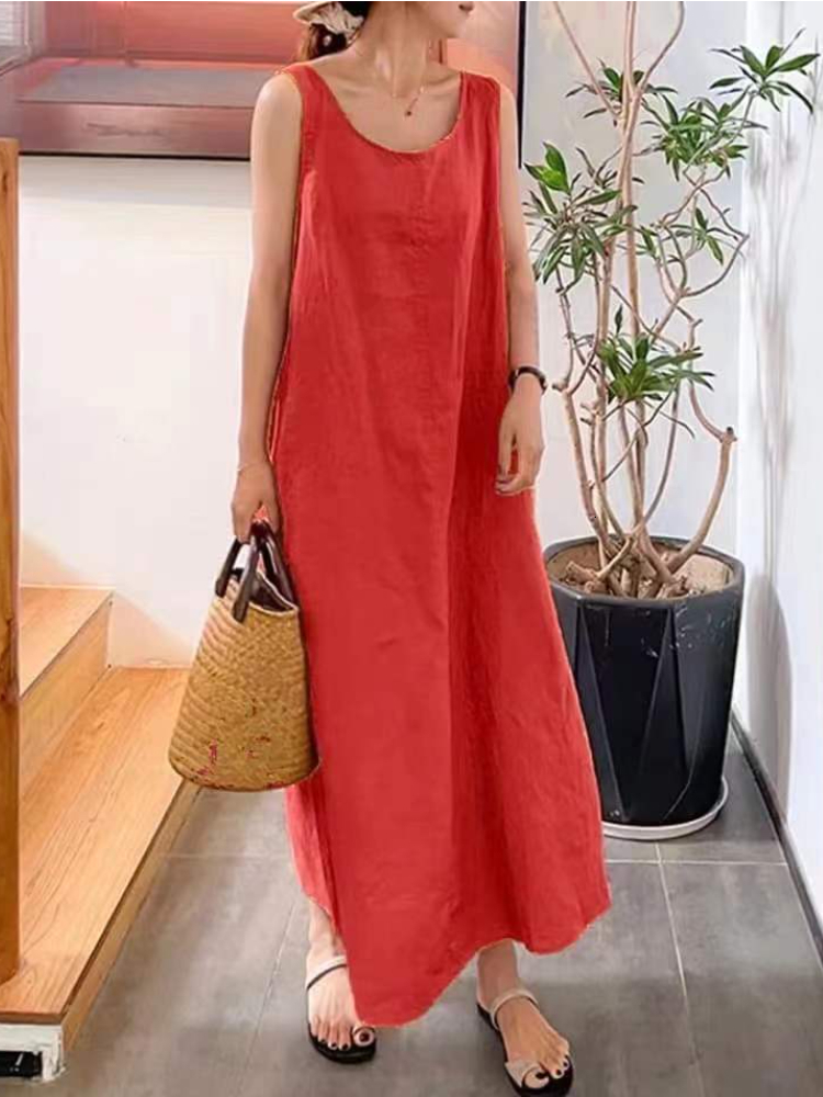 Basic Casual Dresses Summer Long Version Sling Cotton Linen Simple Loose Pocket Round Neck Temperament Sleeveless Dress Women Dress for Women 230531