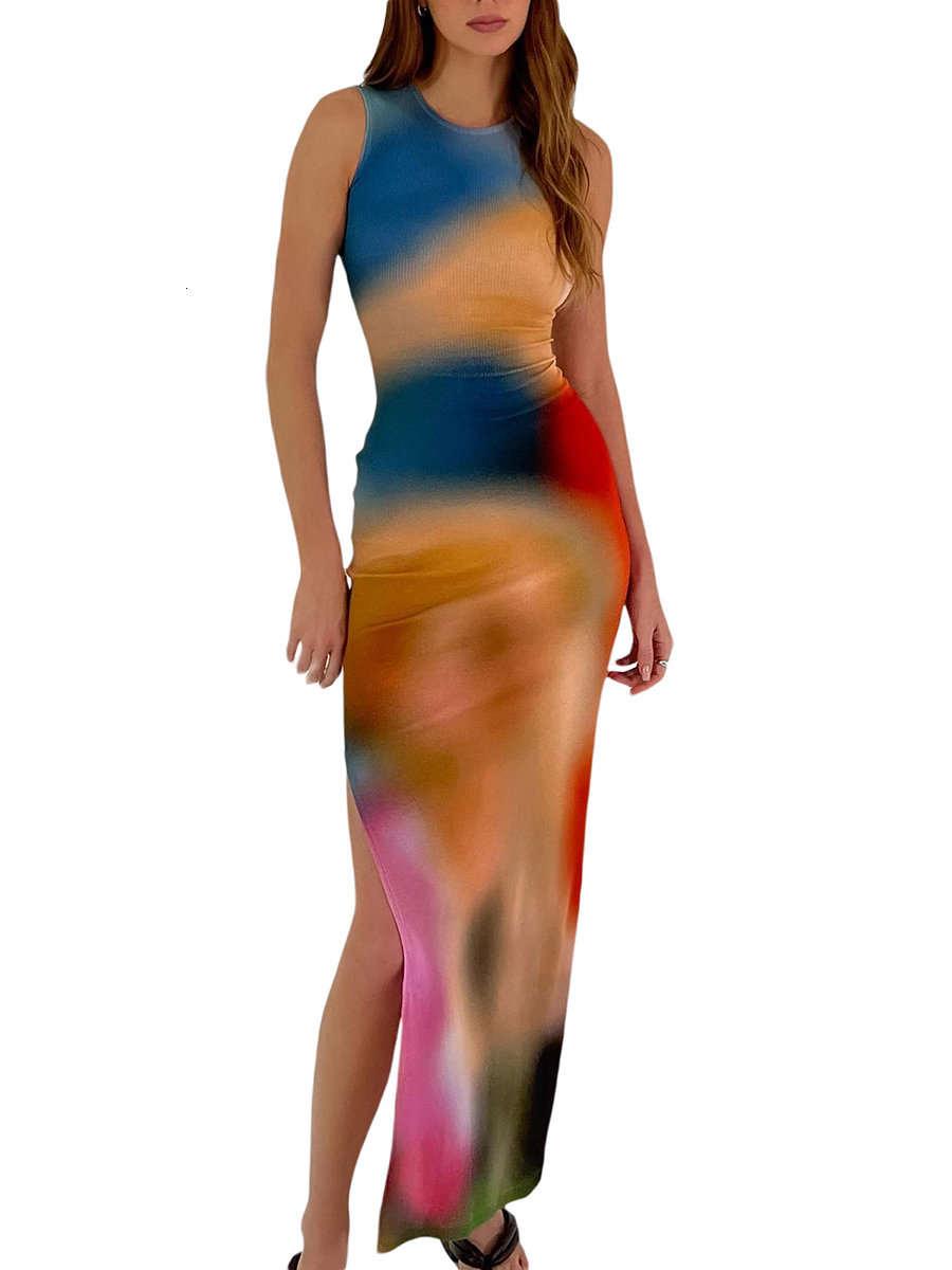 Basic Casual Dresses Sleeveless Backless Maxi Dress Women Summer Bodycon Elegant Sexy Tie Dye Outfits Ladies Birthday Party Club Sundress 230531
