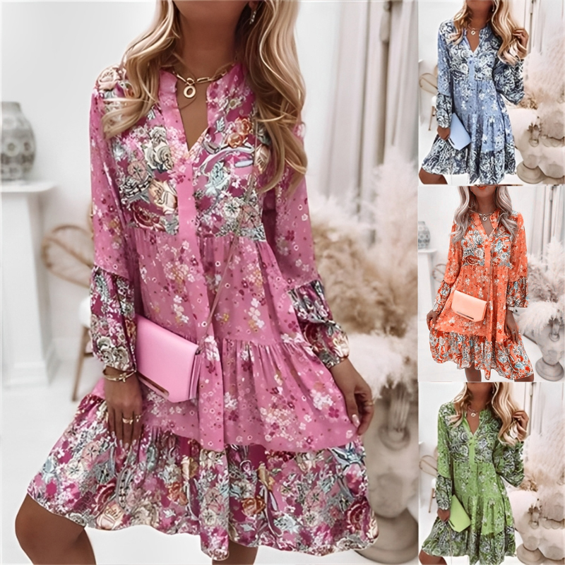 Basic Casual Dresses Women Floral Print Dress Oversize Elegant Pleated Long Sleeve Casual Dresses Female V Neck Loose Bohemian Beach Holiday Dresses 2