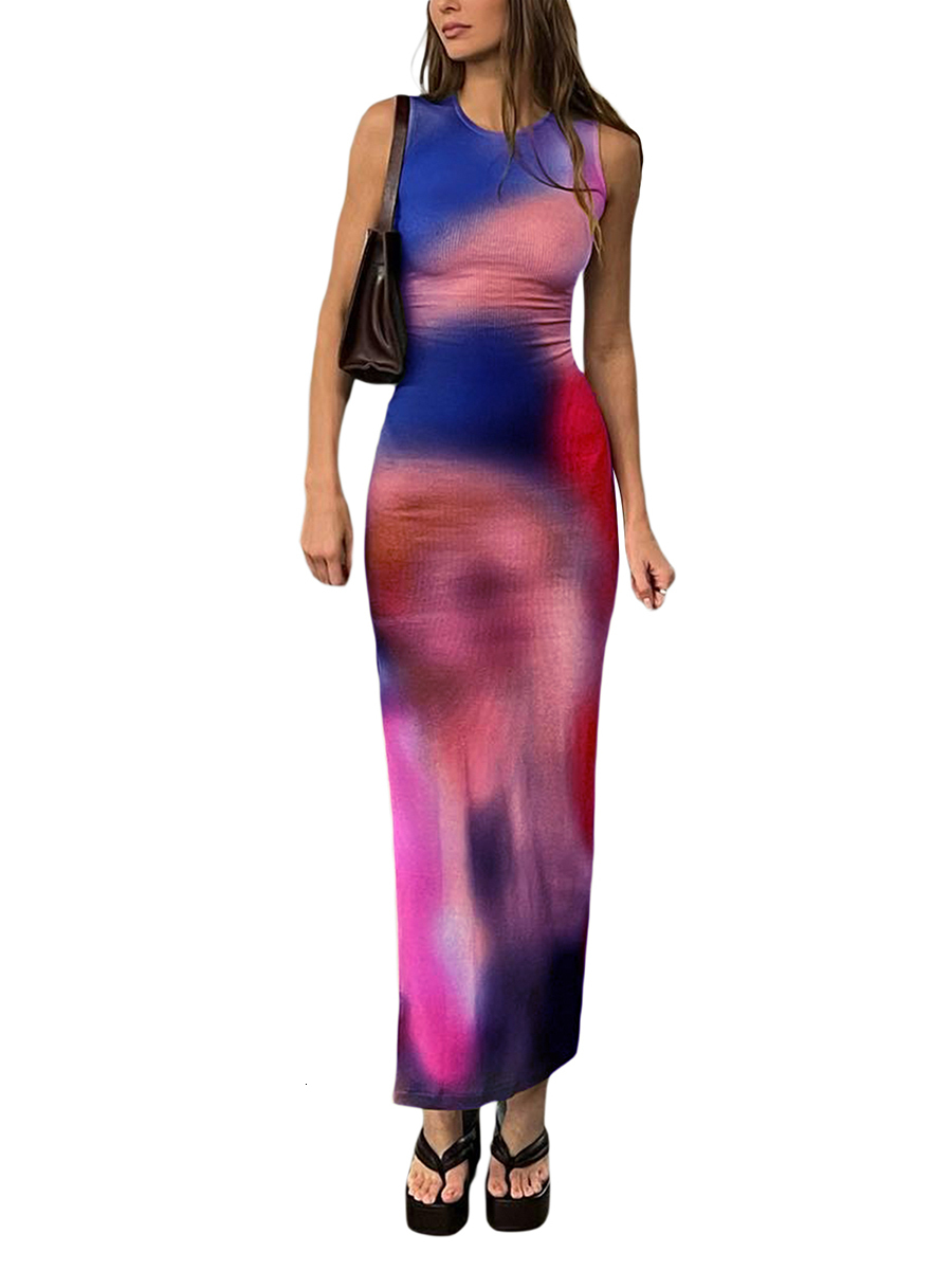 Basic Casual Dresses Sleeveless Backless Maxi Dress Women Summer Bodycon Elegant Sexy Tie Dye Outfits Ladies Birthday Party Club Sundress 230531