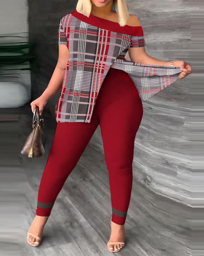 Women's Two Piece Pants Summer Women Geometric Print Split Hem Top & Set 2023 Femme Short Sleeve Casual Suits Lady Outfits Y2k S-3XL