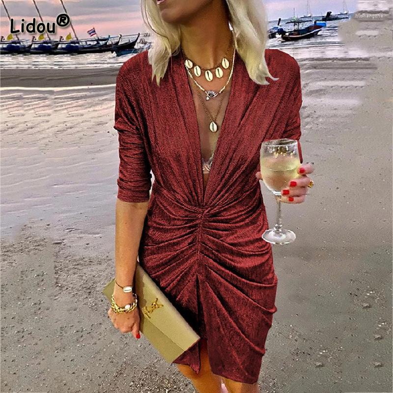 Casual Dresses Womens ladies V-Neck Solid Party Prom Long Sleeve Bodycon Night Club Luxury Elegant Dress Women Vestidos De Gala