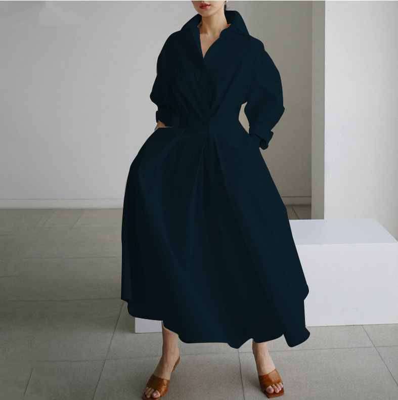 designer dresses for women Basic Casual Dresses S-5XL Korean Fashion Long Sleeve Shirt Dress Chic Turndown Neck Ruched Maxi Dress Women Autumn Winter 