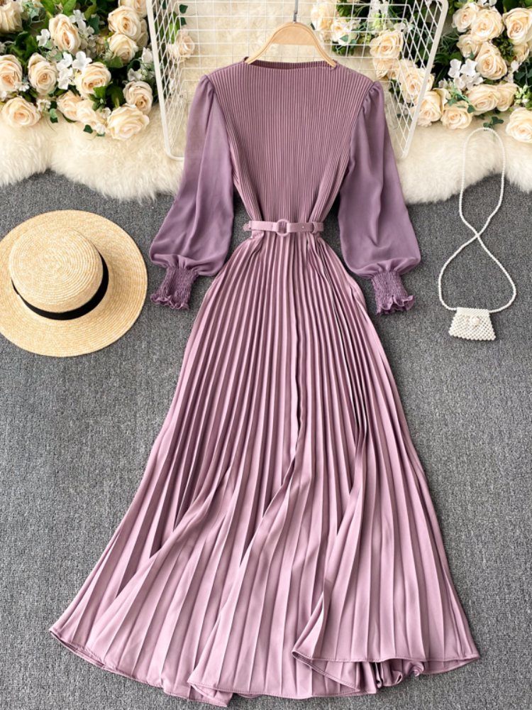 Basic Casual Dresses Women Elegant Maxi Dress Spring Summer Patchwork Puff Long Sleeve Pleated Muslim Long Dresses Ladies Party Dress 230531