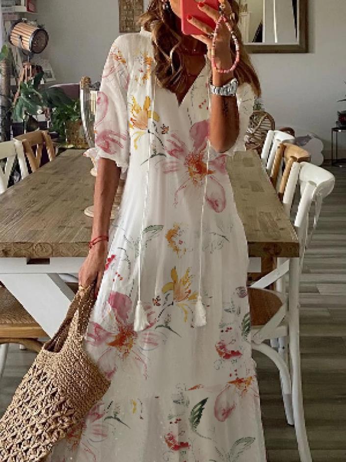 Designer New Casual Dresses Fashion Womens Shift Dress Maxi Dress half Sleeve Floral Print Summer Fall V Neck Casual Dress