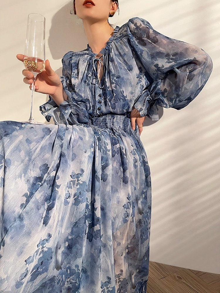 Basic Casual Dresses French Vintage Long Sleeve Fairy Dress Women Slim Fashion Floral Midi Dress Beach Casual Korean Style Dresses Female Summer