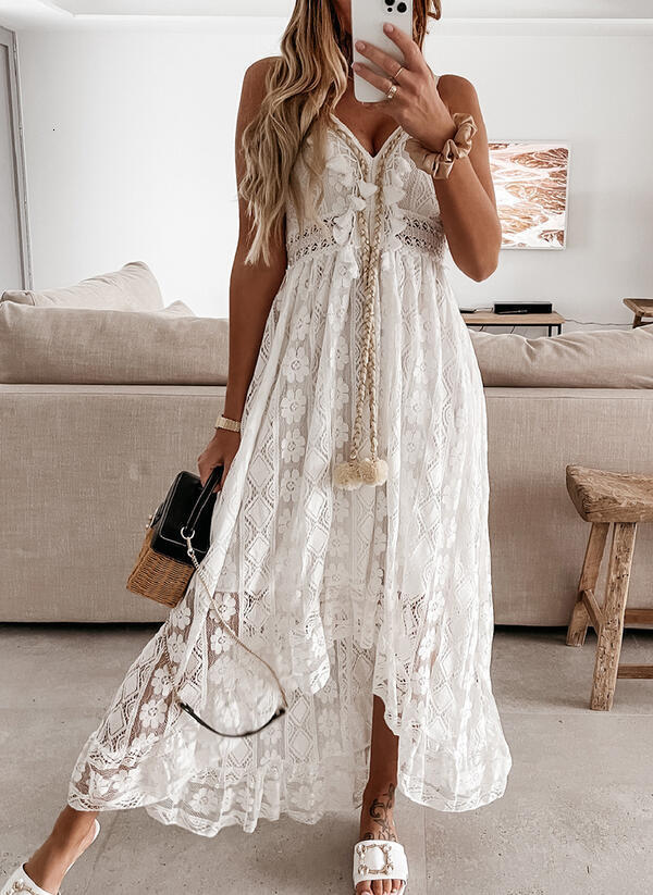 Basic Casual Dresses Women's Dress White Hollow Out Cotton Sundress Lace Sleeveless Long Splicing Summer Party Elegant Evening Woman Skirt Clothi