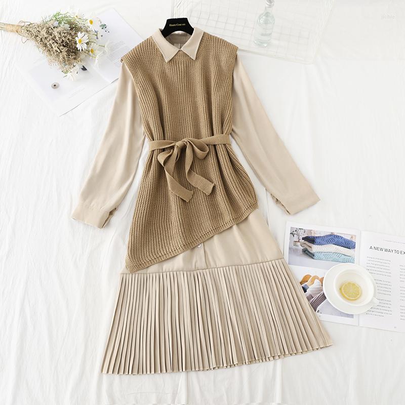 Casual Dresses Autumn Winter Womens Elegant Clothing Set Lady Long Vest Knitted Sweater Pleated Dress Suit Vestidos