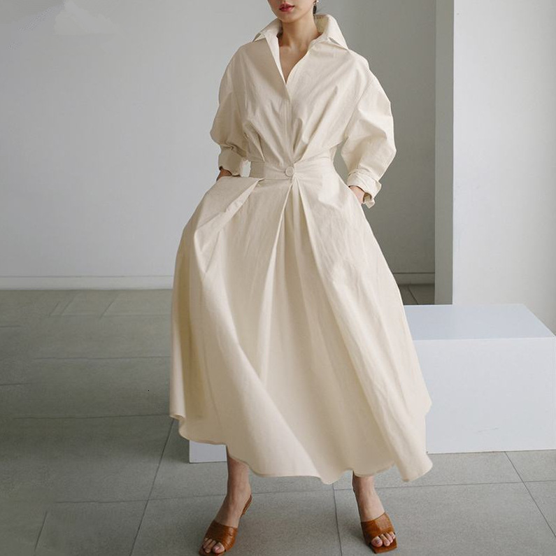 designer dresses for women Basic Casual Dresses S-5XL Korean Fashion Long Sleeve Shirt Dress Chic Turndown Neck Ruched Maxi Dress Women Autumn Winter 