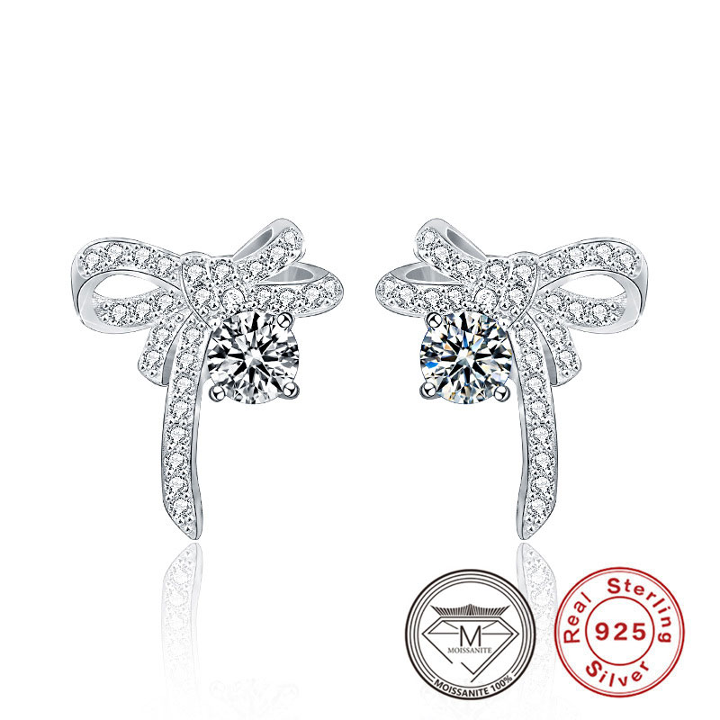 Luxury Genuine 925 Silver Bow Stud Earrings Platinum Plated Silver Moissanite Ear Studs Jewelry Gift for Women
Luxury Genuine 925 Silver Bow Stud Earrings Platinum Plated Silver Moissanite Ear Studs Jewelry Gift for Women