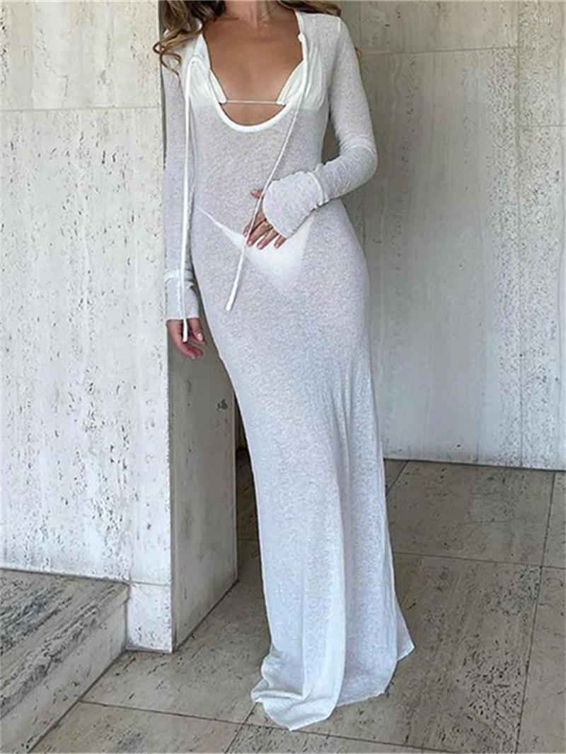 Casual Dresses Wsevypo See-Through Sheer Cover-ups Long Dress 2023 Summer Women Sleeve Low Cut O Neck Lace-up Beach Streetwear
