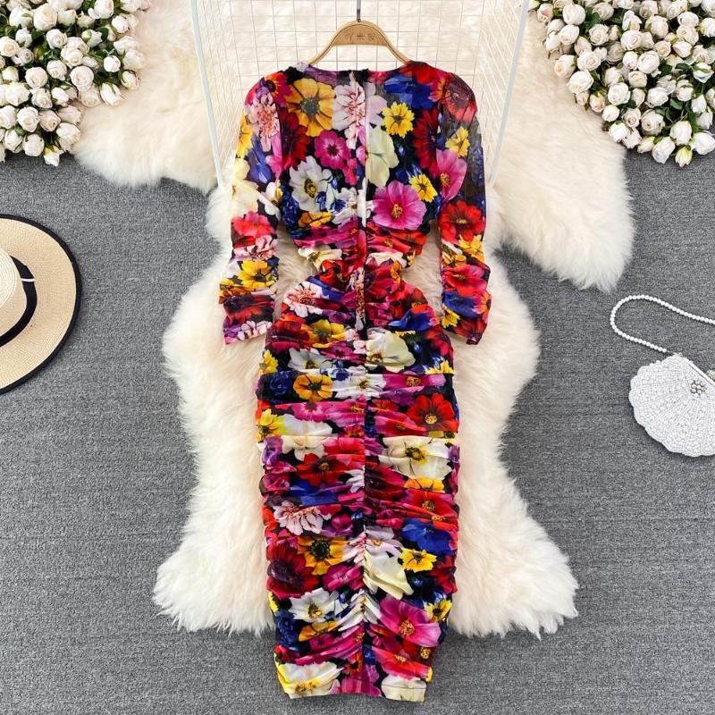 Casual Dresses Women Summer Dress Midi Long Mesh Tulle Floral Print Corset Wrap Chest Party Female