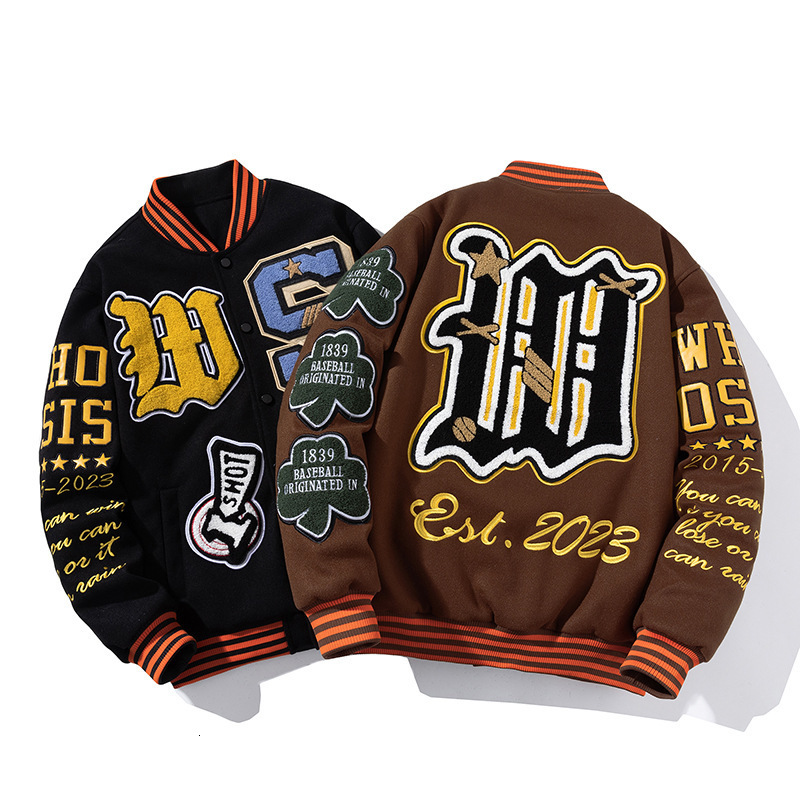 Mens Jackets Embroidery Varsity Jacket Men Women Letter Winter American Baseball Jacket Hip Hop Woolen Coat Thick Warm Outwear Parkas Brown