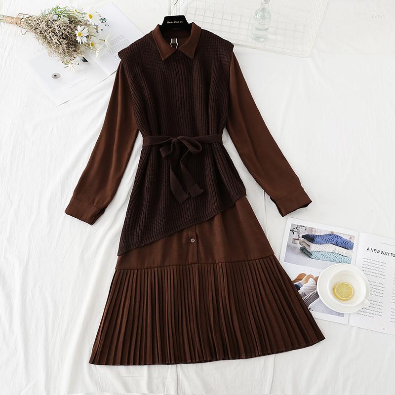Casual Dresses Autumn Winter Womens Elegant Clothing Set Lady Long Vest Knitted Sweater Pleated Dress Suit Vestidos
