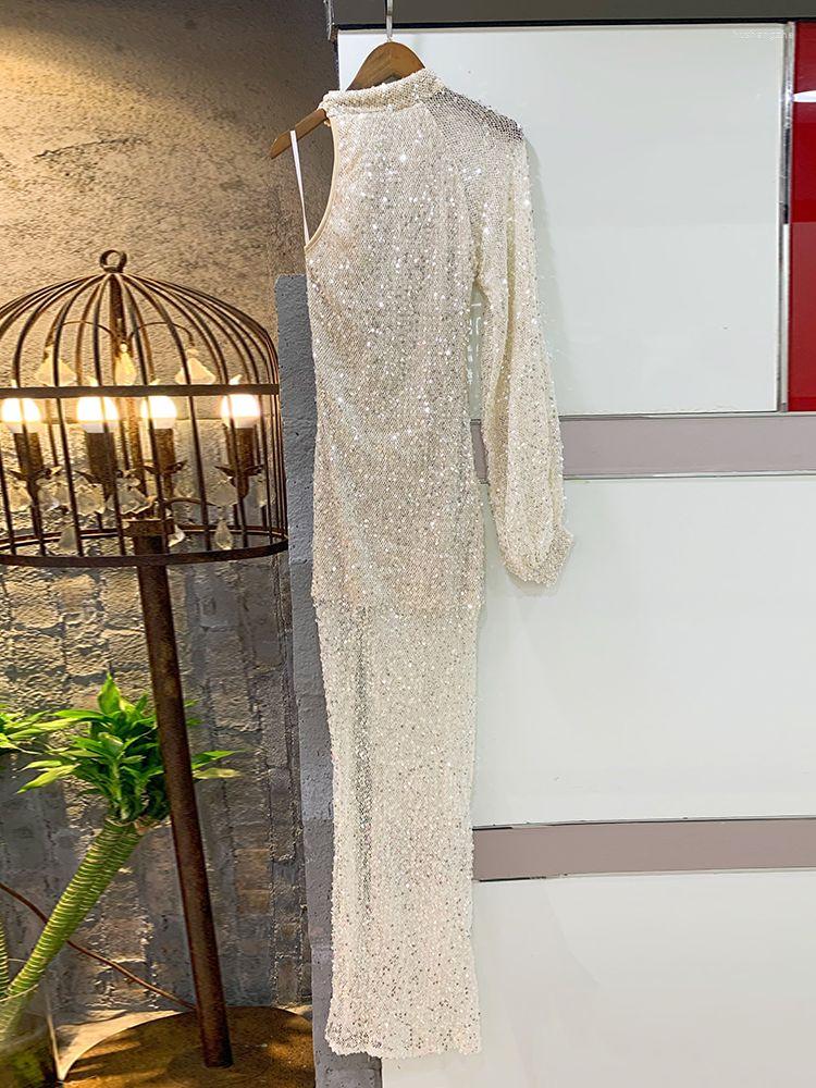 Casual Dresses Ailigou Autumn Sexy Long-Sleeved One-Shoulder Long Dress Elegant Luxury Beaded Sequin Ladies Silver Party Tight