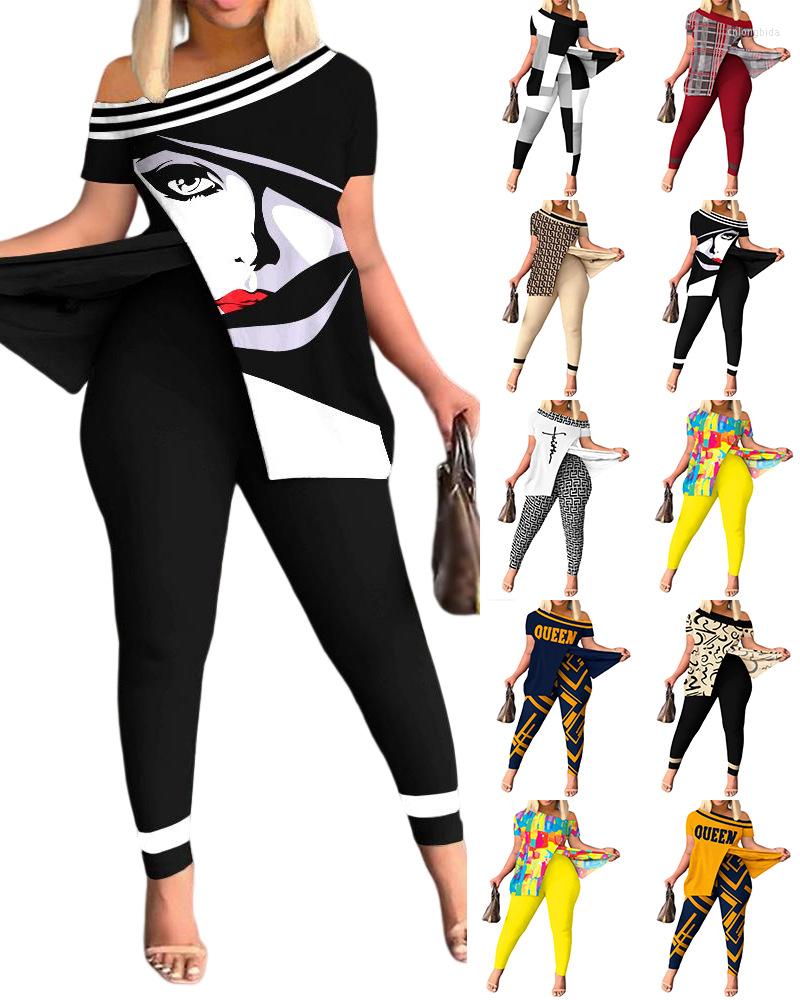 Women's Two Piece Pants Summer Women Geometric Print Split Hem Top & Set 2023 Femme Short Sleeve Casual Suits Lady Outfits Y2k S-3XL