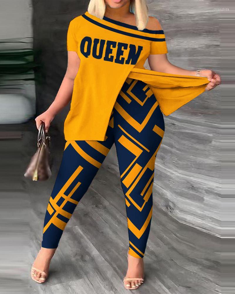 Women's Two Piece Pants Summer Women Geometric Print Split Hem Top & Set 2023 Femme Short Sleeve Casual Suits Lady Outfits Y2k S-3XL