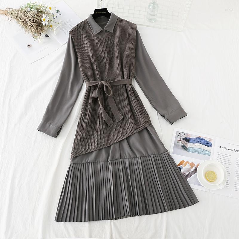 Casual Dresses Autumn Winter Womens Elegant Clothing Set Lady Long Vest Knitted Sweater Pleated Dress Suit Vestidos